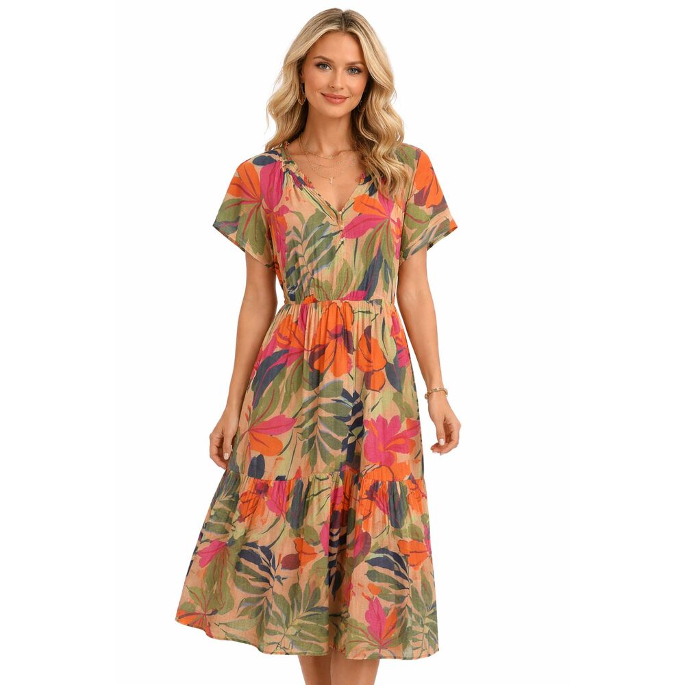 Sharagano Tropical Print Midi Dress Womens PL Short Sleeve Tiered Boho Vacation - Picture 2 of 12
